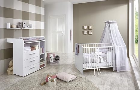 Babyzimmer Babymöbel komplett Set KIM 5 in Weiß, Kindermöbel mit Babybett Lattenrost Wickelkommode Wandregal