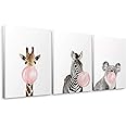 Niwo ART - Giraffe Zebra Koala, Pink Bubble Gum Animals, Canvas Wall Art Home Decor, Gallery Wrapped, Stretched, Framed Ready to Hang (16"x12"x3/4")