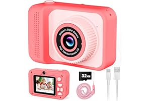 ABERLLS Kids Camera Toy for Age 3-8 Boys Girls, Birthday for Toddler3 4 5 6 7 8 Years Old, Children Selfie Digital Video Cameras with Protective Silicone Cover, 32GB SD Card, HD 1080p (Pink)