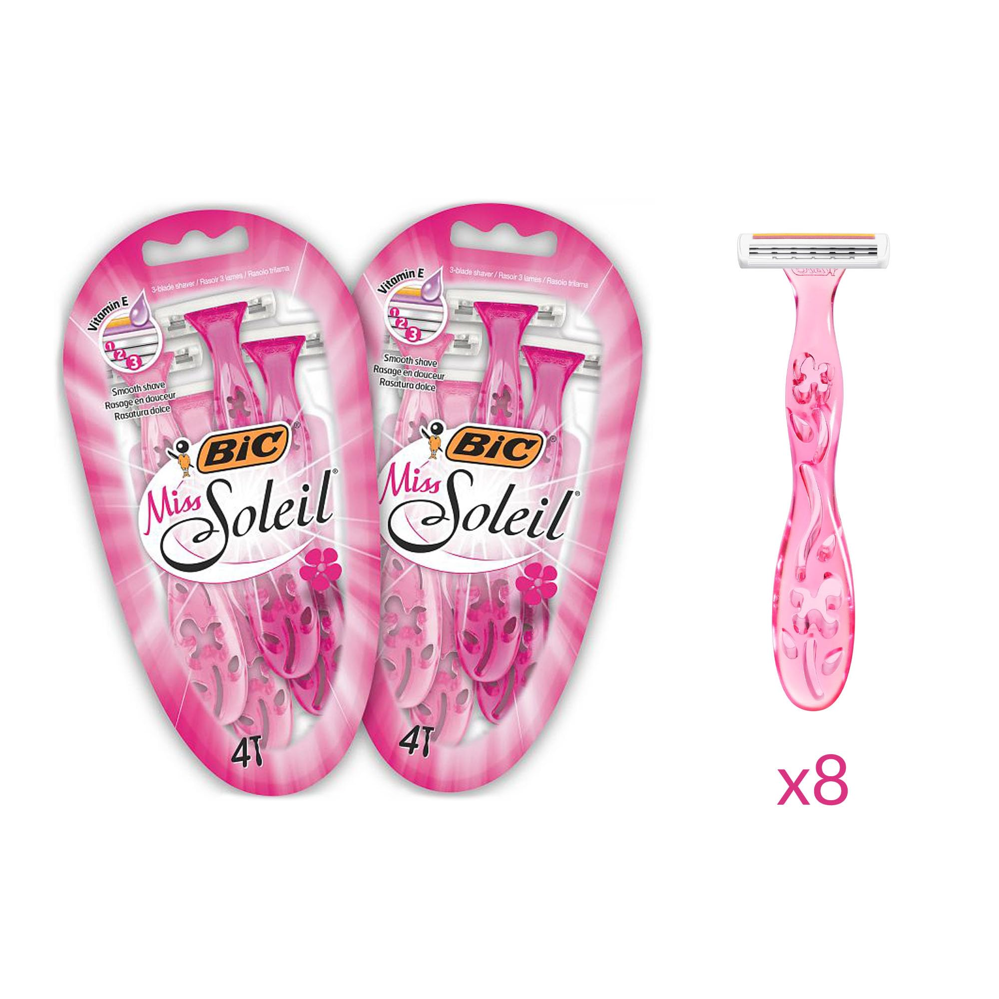 BIC Miss Soleil Razors Women - Flower Handle Style - Triple Blade Stainless Steel Lady Shaver - Pack of 8