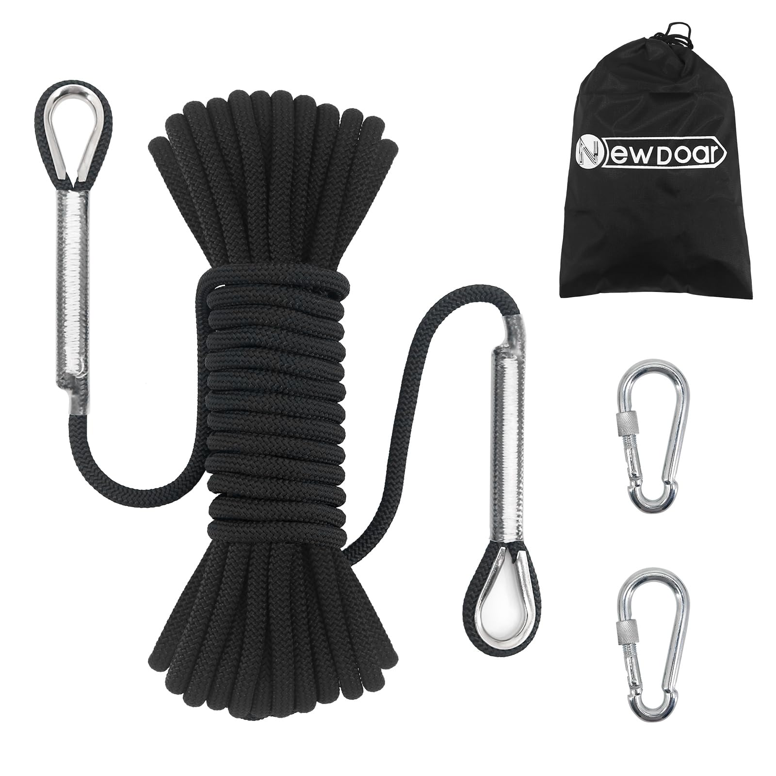 Photo 1 of NewDoar 14KN Static Climbing Rope 8mm(5/16in) Accessory Cord Equipment 33FT(10M) 66FT(20M) 98FT(30M) 165FT(50M) Escape Rope with 2 Carabiners for Ice Climbing Equipment Fire Rescue Rope-Black/20M