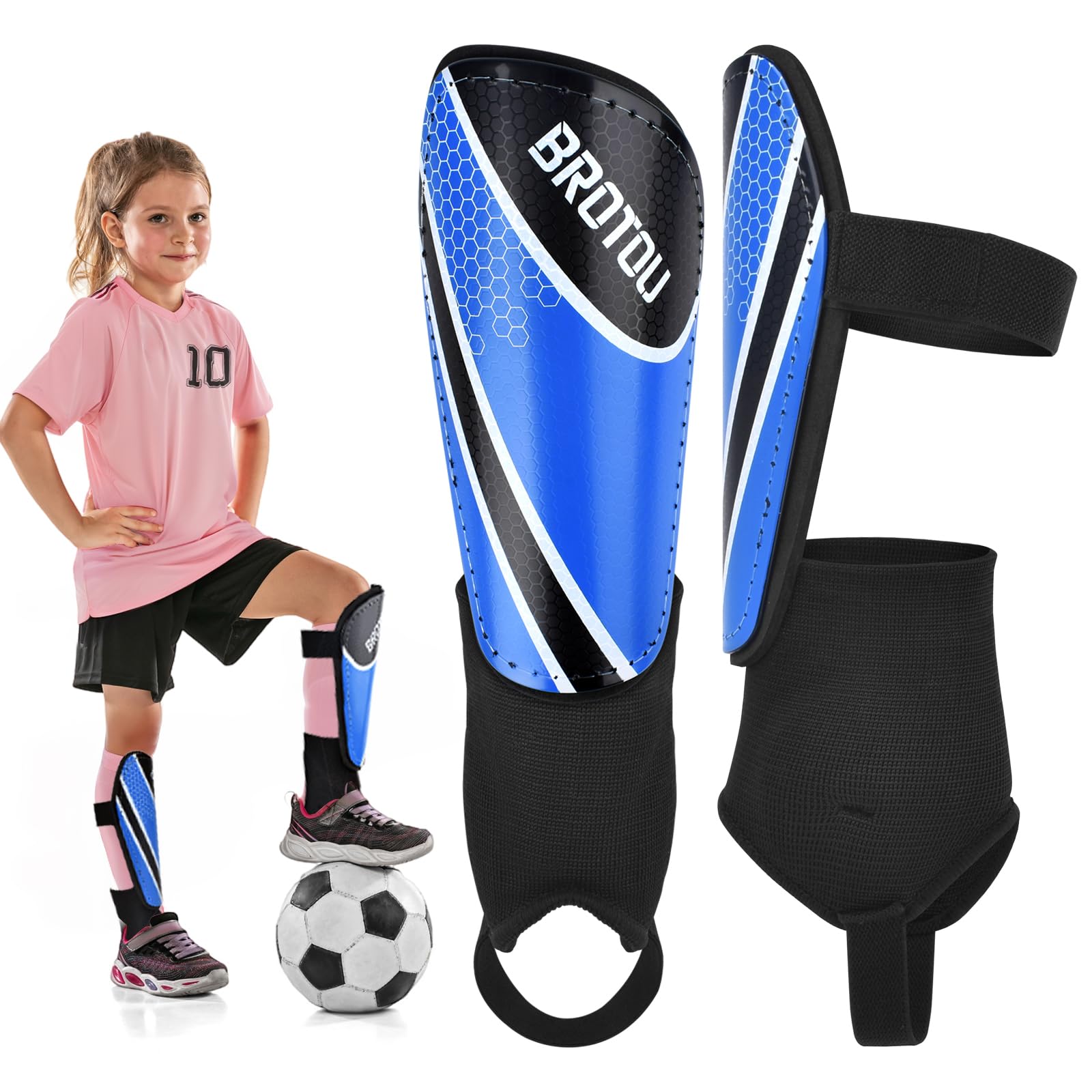 Youth Football Shin Guards, BROTOU High Strength Junior Shin Pads with Calf & Ankle Protection, Lightweight Design, Breathable, Non Slip Extended Adjustable Straps, for Boys and Girls (L, Blue)
