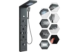 FUZMONOERE FUZ Shower Panel Tower System, Stainless Steel 6 IN 1 Shower Panel System with LED Fancy Rain Shower Head and Handheld, Adujstable Rainfall Massage Body Jets and Tub Spout, Matte Black Shower Tower