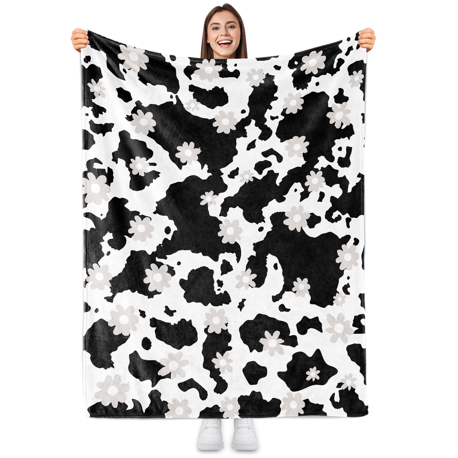 Sowide Cow Print Blanket, Soft Fleece Flannel Cow Flower Blanket, Cow Blanket for Adults Kids, Cozy Warm Cute Cow Throws, Lightweight Black White Fuzzy Plush Gifts, M(130x152cm)