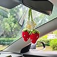 HFZRZFH Handmade Crochet Red Strawberry and Flower Car Rear View Mirror Hanging Ornament - Cute Aesthetic Car Accessories for Women and Teens