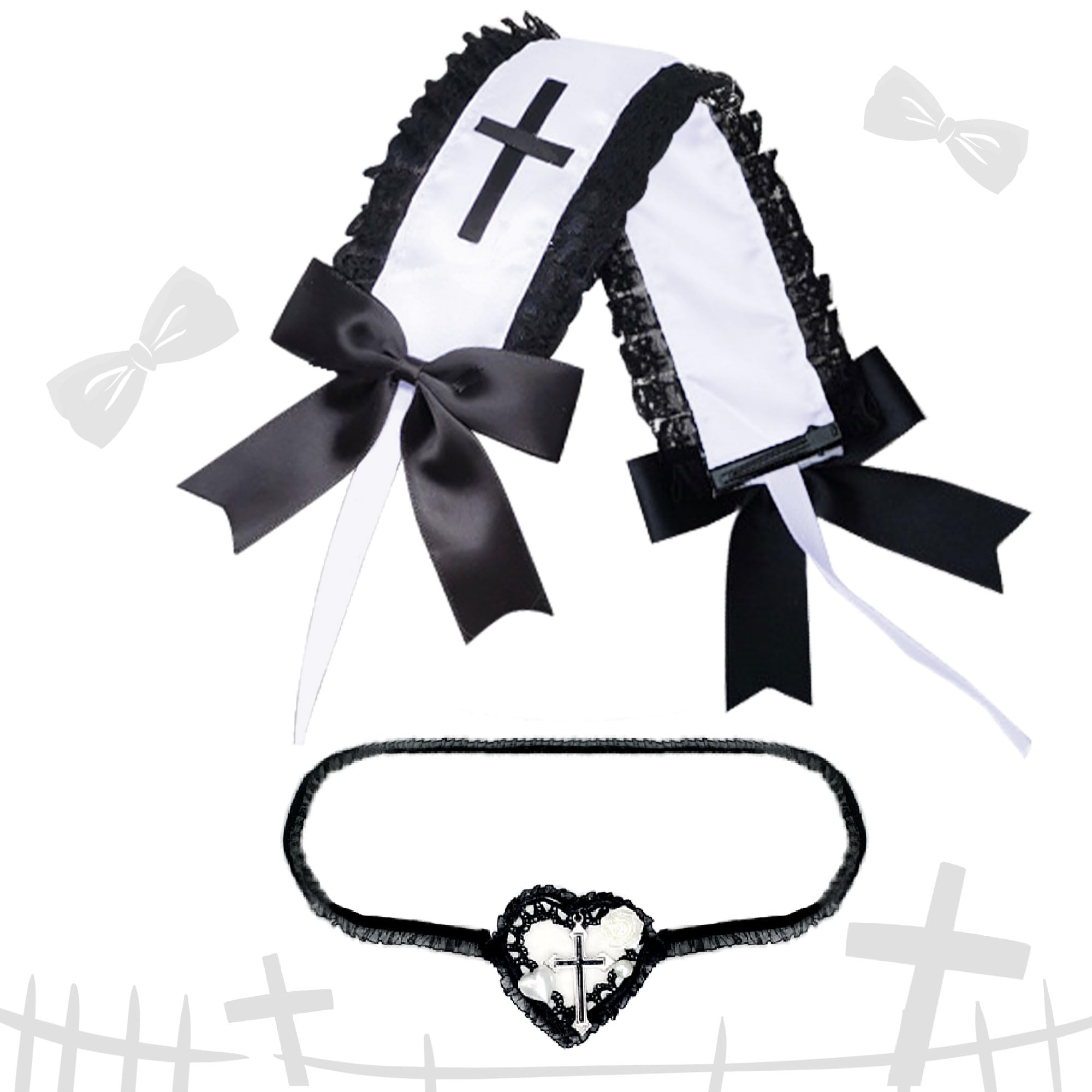 LaVenty 2 PCS Maid Lolita Headband Lace Choker White Ribbon Hair Kawaii Headband Lace Headbands For Women Maid Cosplay Lolita Dresses