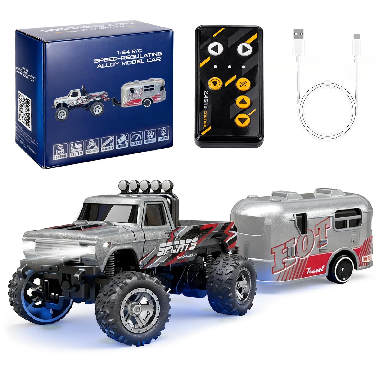 nnOuOnn Mini RC Monster Truck, 1:64 Scale Remote Control Monster Trucks with Trailer, 2.4GHz Small Alloy Speed Steering Adjustable Mini Truck Gift for Christmas