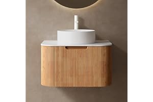 Yayzy 24" Floating Bathroom Vanity with Sink, Solid Wood Fluted Cabinet, White Round Ceramic Basin & Faux Marble Top, Soft-Close Drawer, Pre-Assembled, Natural Woodgrain