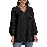 LUXEBOLD Womens Tops Dressy Casual V Neck Blouses Long Sleeve Tunic Hollow Out Lace Embroidered Shirts Fashion Clothes
