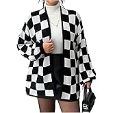 WDIRARA Women's Plus Size Plaid Checkered Cardigan Sweaters Open Front Knit Outerwear