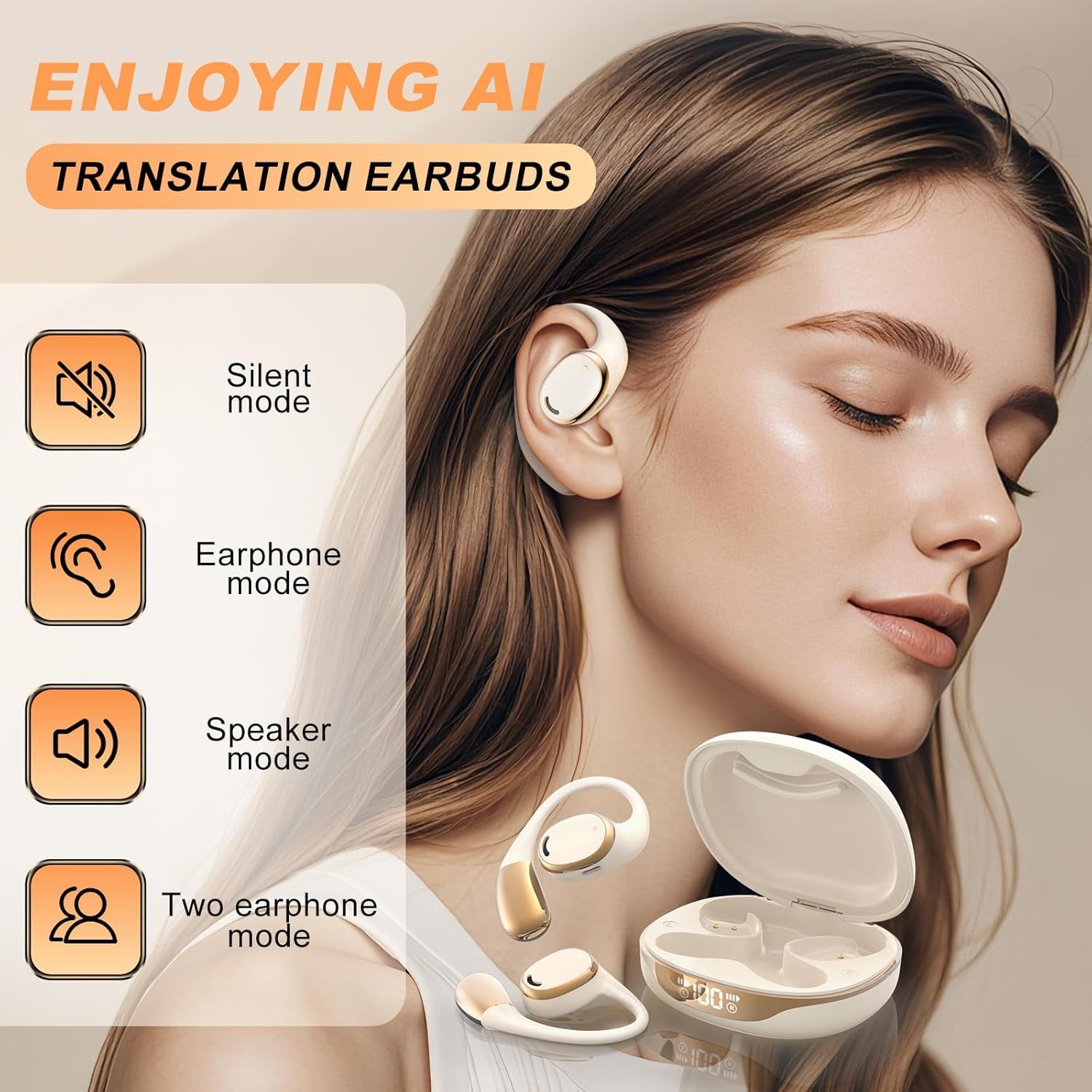 Translation Earbuds Real Time, Ai Translator Earbuds, Earpiece Earbud Translator, Language Translating Earbuds Translation Wireless Bluetooth Earphones Translation Headphones With Program (M70 Beige)