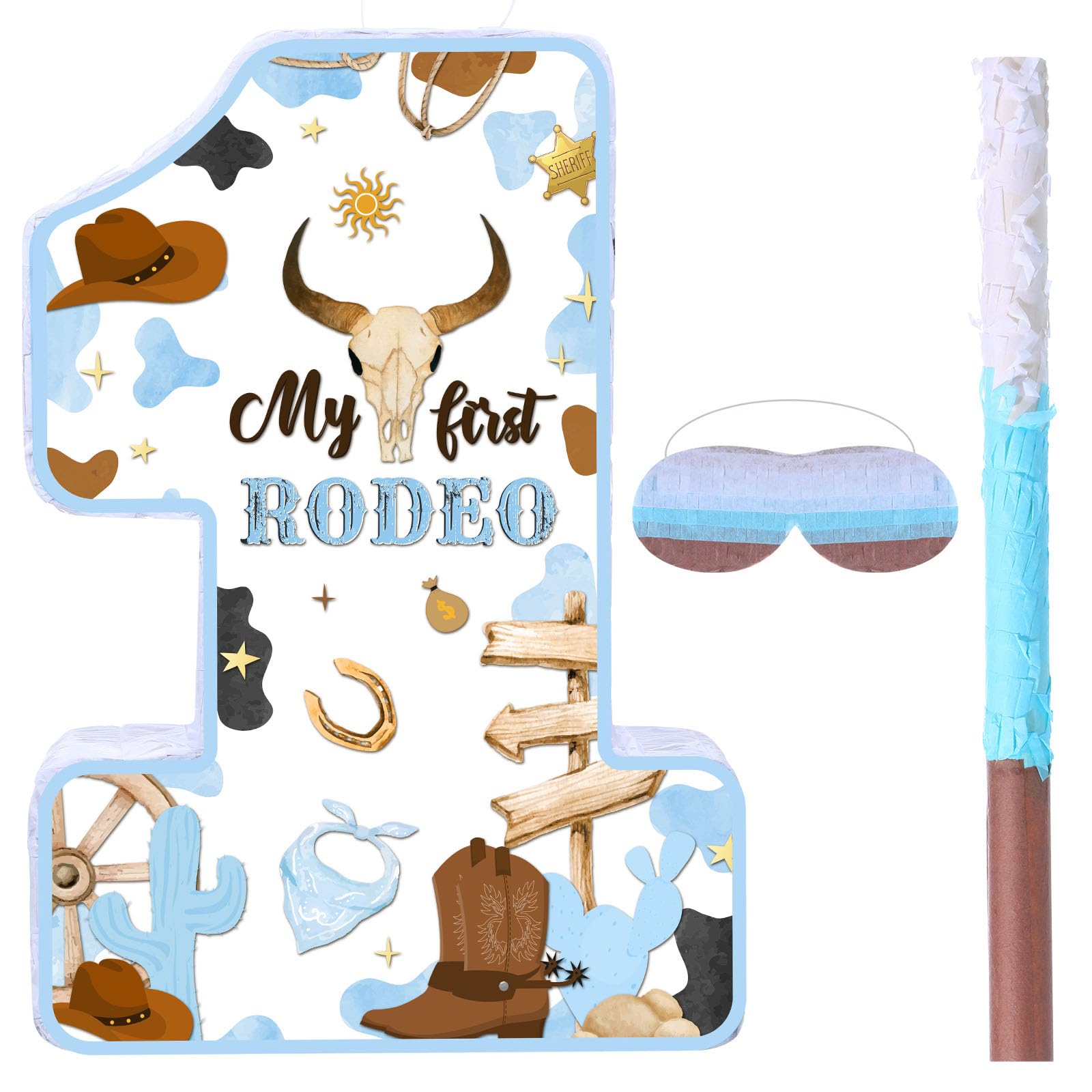 Photo 1 of Capoda Number 1 Rodeo Piñata Bundle with 16 Inch Blue Stick Blindfold My First Rodeo Supplies for Western Boy Kids 1st Birthday Cowboy Themed Party Decorations