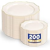 WDF 200PCS Ivory Plastic Plates with Gold Rim - Cream Plastic Plates - Include 100 Dinner & 100 Dessert Fancy Disposable Plate for Party - Heavy Duty Plate for Wedding/Bridal Showers/Valentine's Day