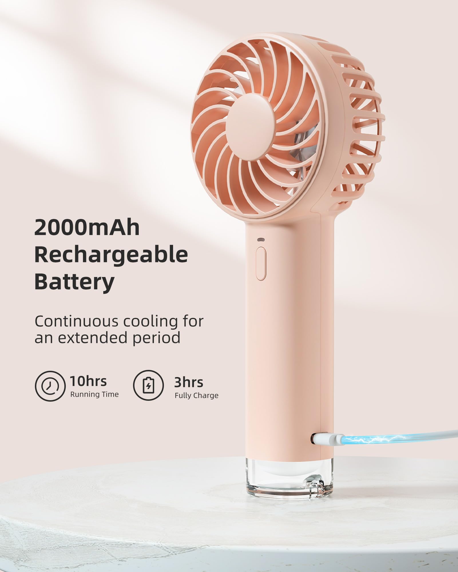 Koonie Portable Mini Handheld Personal Fan, Powerful 3 Speeds Small Desk Fan with LED Light, Cute Design Eyelash Makeup Battery USB Rechargeable for Stylish Women Girls Kids Indoor Outdoor, Pink