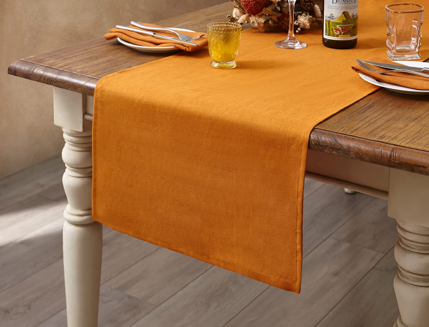 DAPU Pure Linen Table Runners, 40×180cm, 100% French Flax Decorative Soft Table Cover, Orange