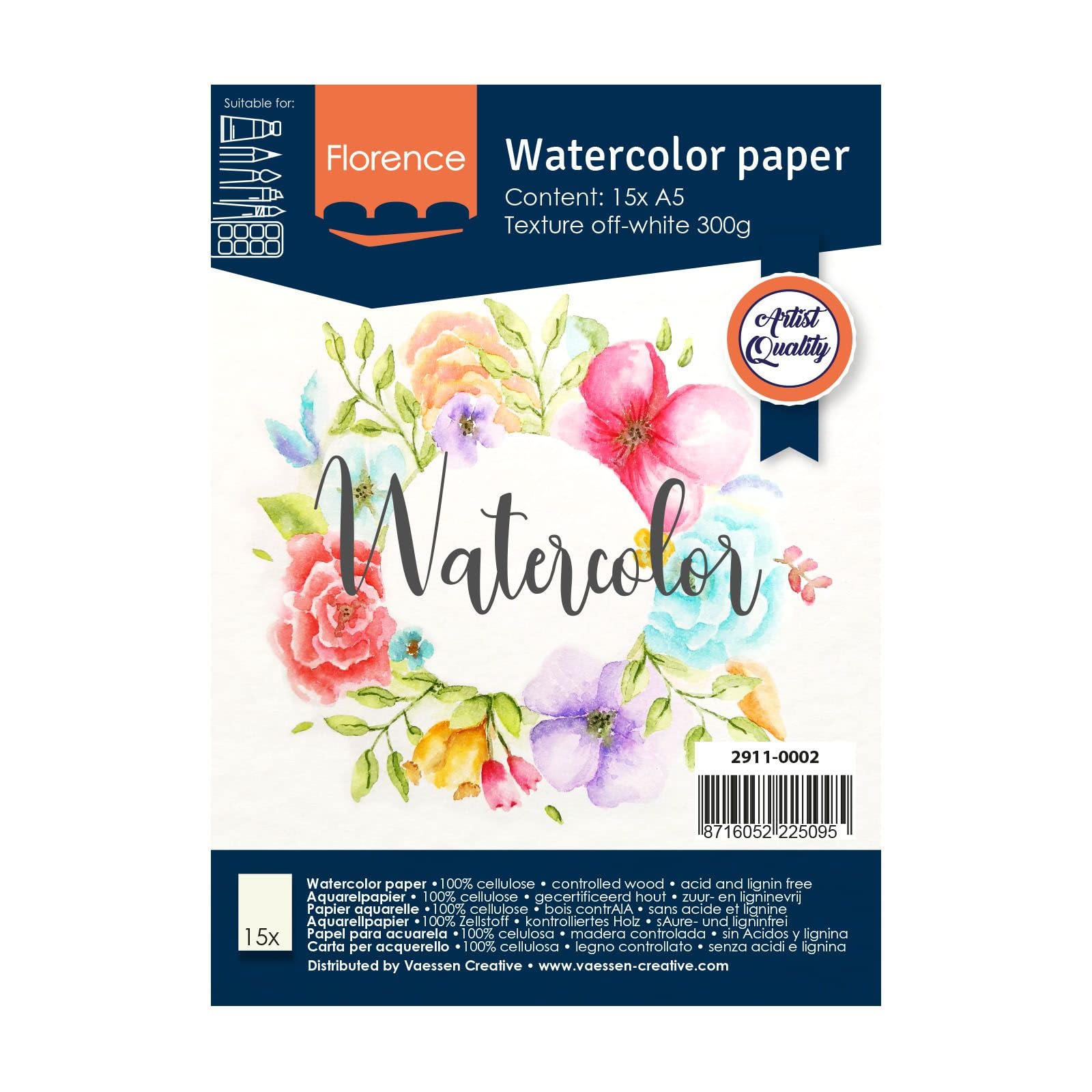 Vaessen Creative Florence Watercolour Paper A5, Ivory, 300 GSM, Artist Grade Quality, Textured Surface, 15 Sheets for Painting, Handlettering, Art Projects