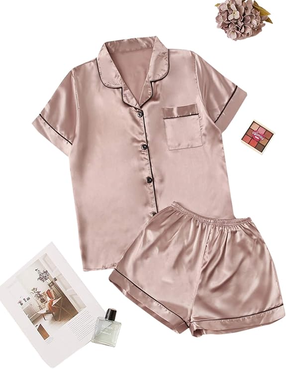 SheIn Women's 2 Piece Button Down Satin Pajama Set Short Sleeve Sleepwear Buy Online at Best