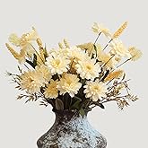 KBREE Artificial Mums Bouquets Faux Daisy Flowers, 4 Bunches Handmade Flowers, 17.7" Natural Farmhouse Mums Bouquets for Winter Home Decor, Indoor Decor & Table Centerpieces(Pale Yellow)