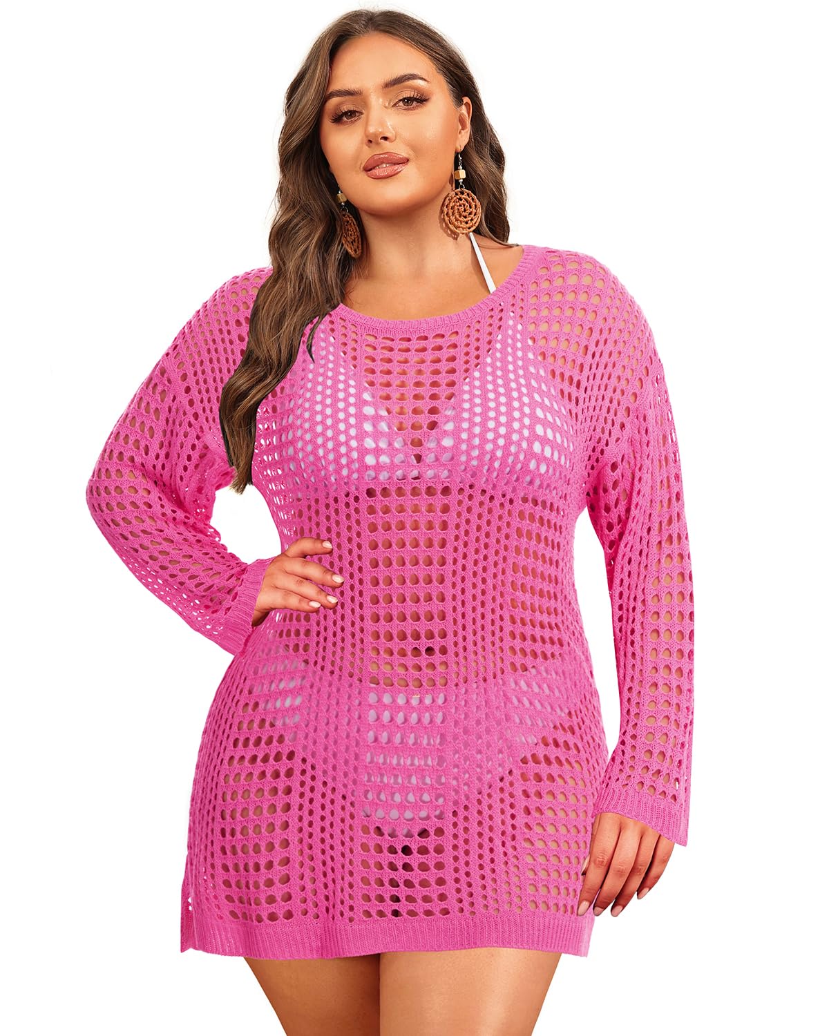 Photo 1 of Aqua Eve Women's Plus Size Swimsuit Cover Up - Crochet Bathing Suit Coverups 2025 Long Sleeve Swimwear Beach Dress Pink 22W
