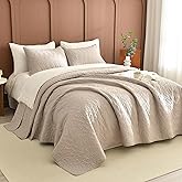 Masaca Oversized King Bedspread 128x120,Linen Colored Quilt Set with Leaf Pattern Soft Lightweight Extra Large King Farmhouse Boho Quilt Coverlet Bedding Set 3Pcs