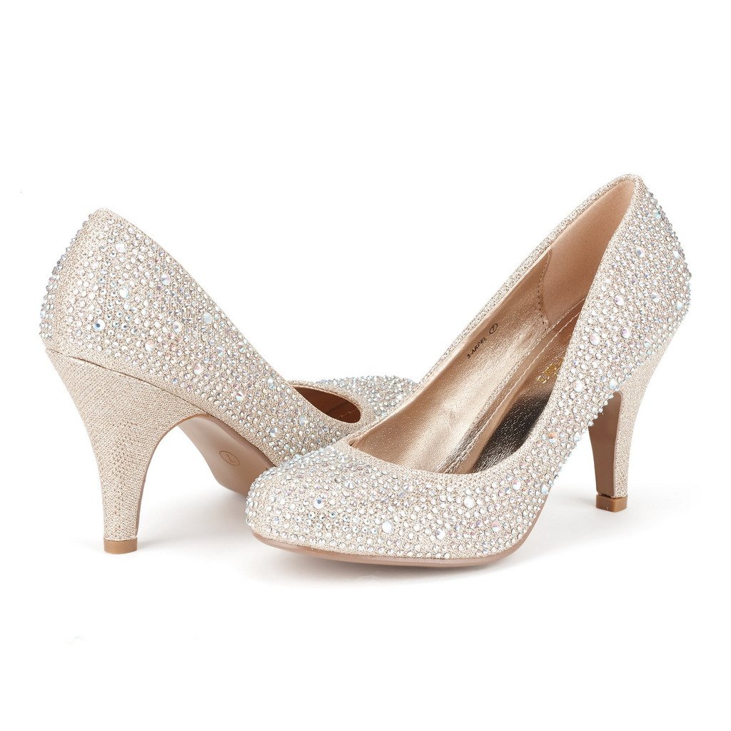 DREAM PAIRS S-ARPEL Women's Formal Evening Dance Rhinestones Classic Low Heel Pumps Shoes New Gold Glitter Size 5