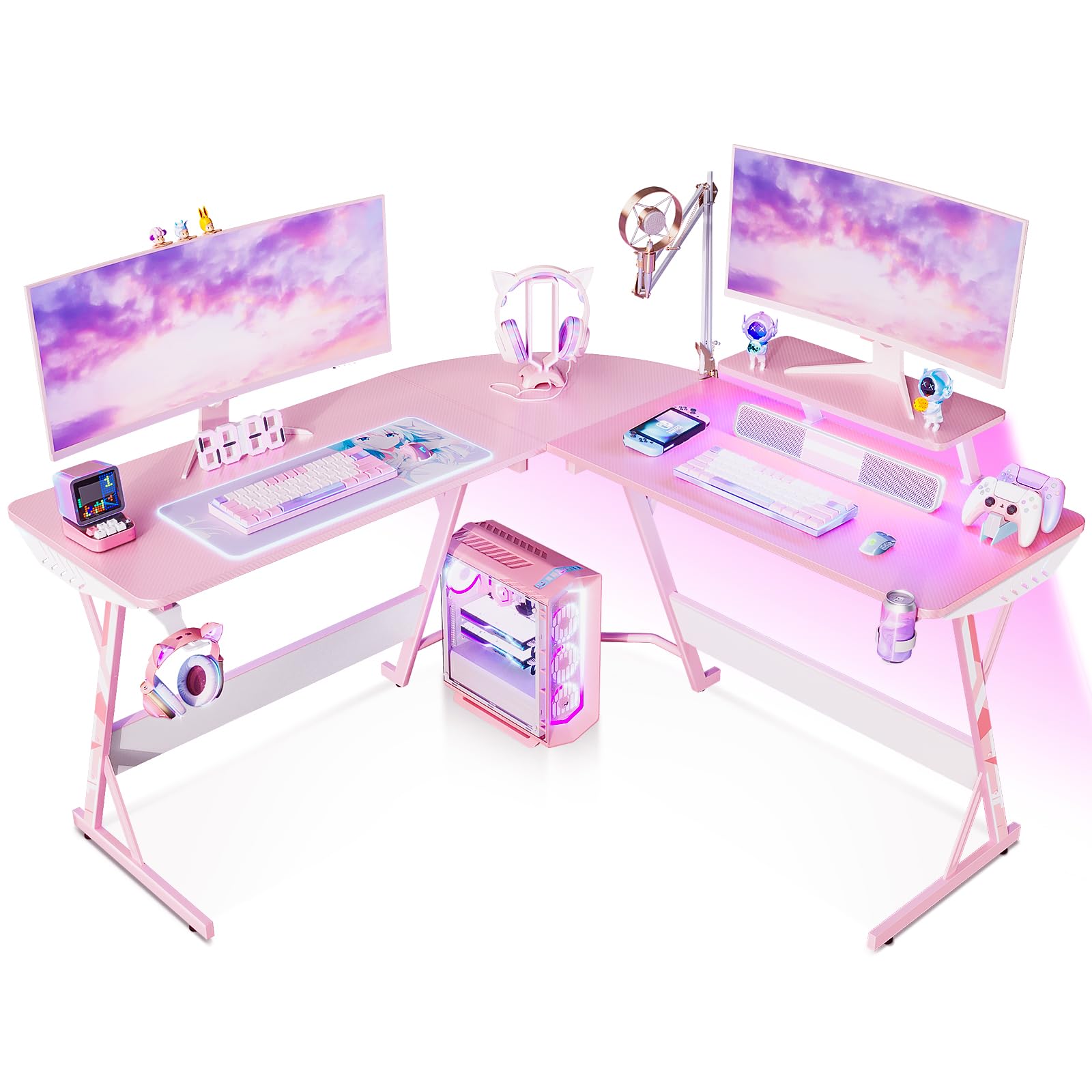 Mua MOTPK Pink Gaming Desk with LED Lights, Carbon Fiber L Shaped ...