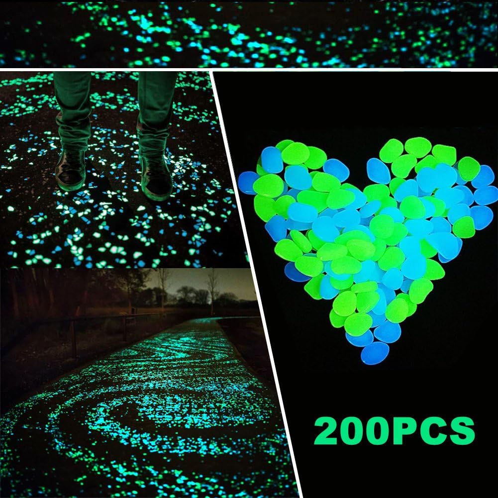 200pcs Glow in the Dark Stones - SurLight Glow Pebbles Stone for Walkways Outdoor Decor Aquarium Fish Tank, Garden Decorative Stones for Path Patio Lawn Yard Walkway in Blue & Green