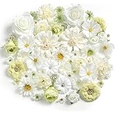 RUIDKUN Fake Flowers Heads Bulk White Green Mini Artificial Silk Flower for Crafts, Small Artificial Daisy Roses Faux Flowers for Graduation Cap DIY Cake Wedding Party Home Garland Decoration
