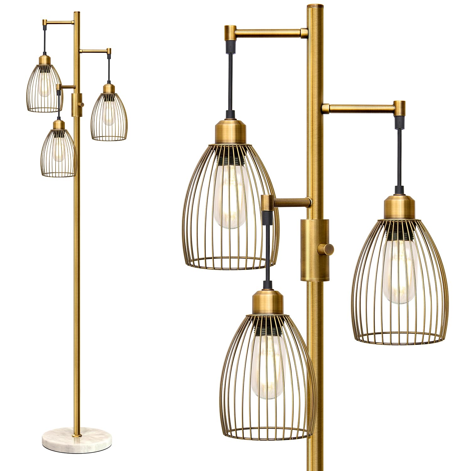 Torondo Dimmable Floor Lamps for Living Room, Industrial Standing Lamp with Marble Base, Antique Brass Tree Tall Pole Light with 3 Elegant Teardrop Cage Head & 800 Lumens LED Bulbs for Bedroom Office Image