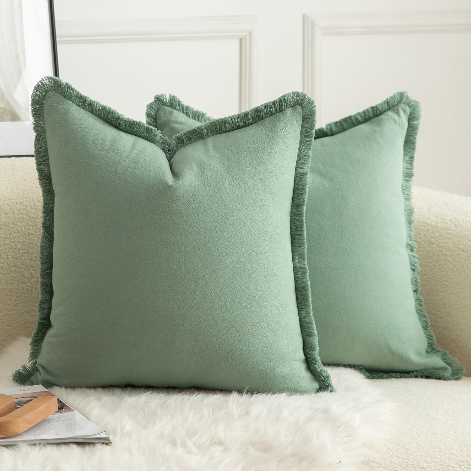 Mandioo Set of 2 Neutral Cotton Fringe Cushion Covers 55x55 cm 22x22 inch Decorative Boho Farmhouse Throw Pillowcase Cozy Tassels for Couch Sofa Bedroom Living Room Home Decor Sage Green