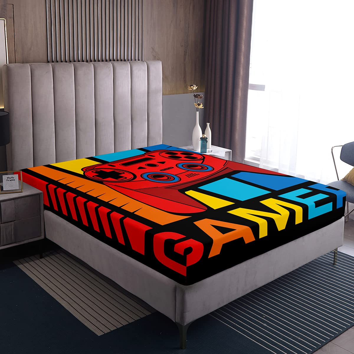 Gamepad Fitted Sheet King Gamer Bed Sheet Teenagers Video Game Fitted Sheet for Men Kids Boys Modern Game Controller Hero Style Colorful Room Decor Box Spring Bed