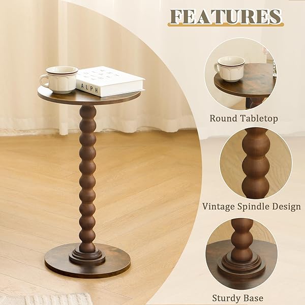 FULTYLE ROUND SIDE TABLE, SMALL DRINK TABLE FOR SMALL SPACES, MODERN ACCENT NIGHTSTAND WITH SOLID WOOD LEG FOR LIVING ROOM, BEDROOM, CORNERS, AND OFFICE (RUSTIC BROWN)