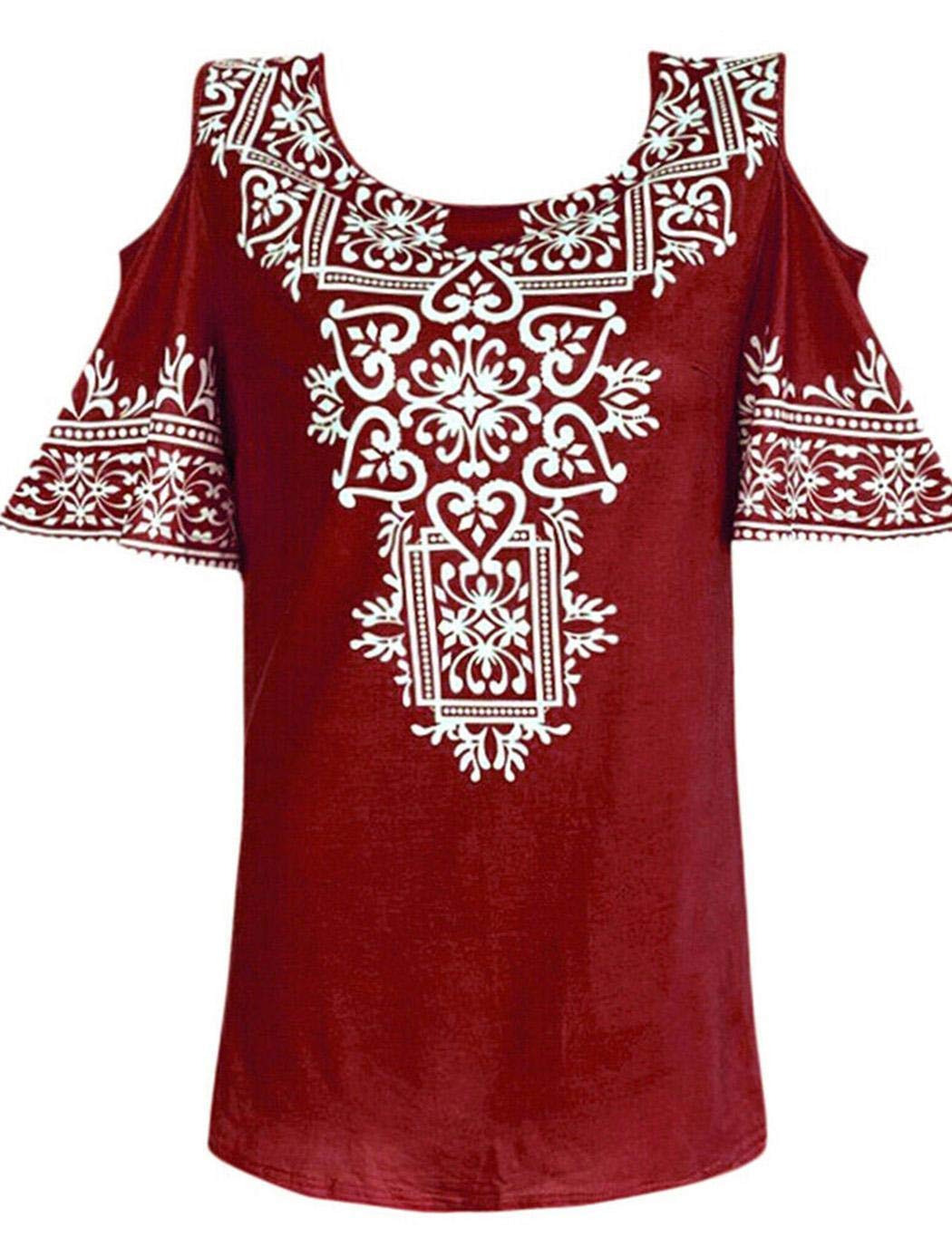 UpBeauty Women Summer O Neck Printed Short Sleeve T-Shirt Casual Off Shoulder Top Knits & Tees S-5XL Red