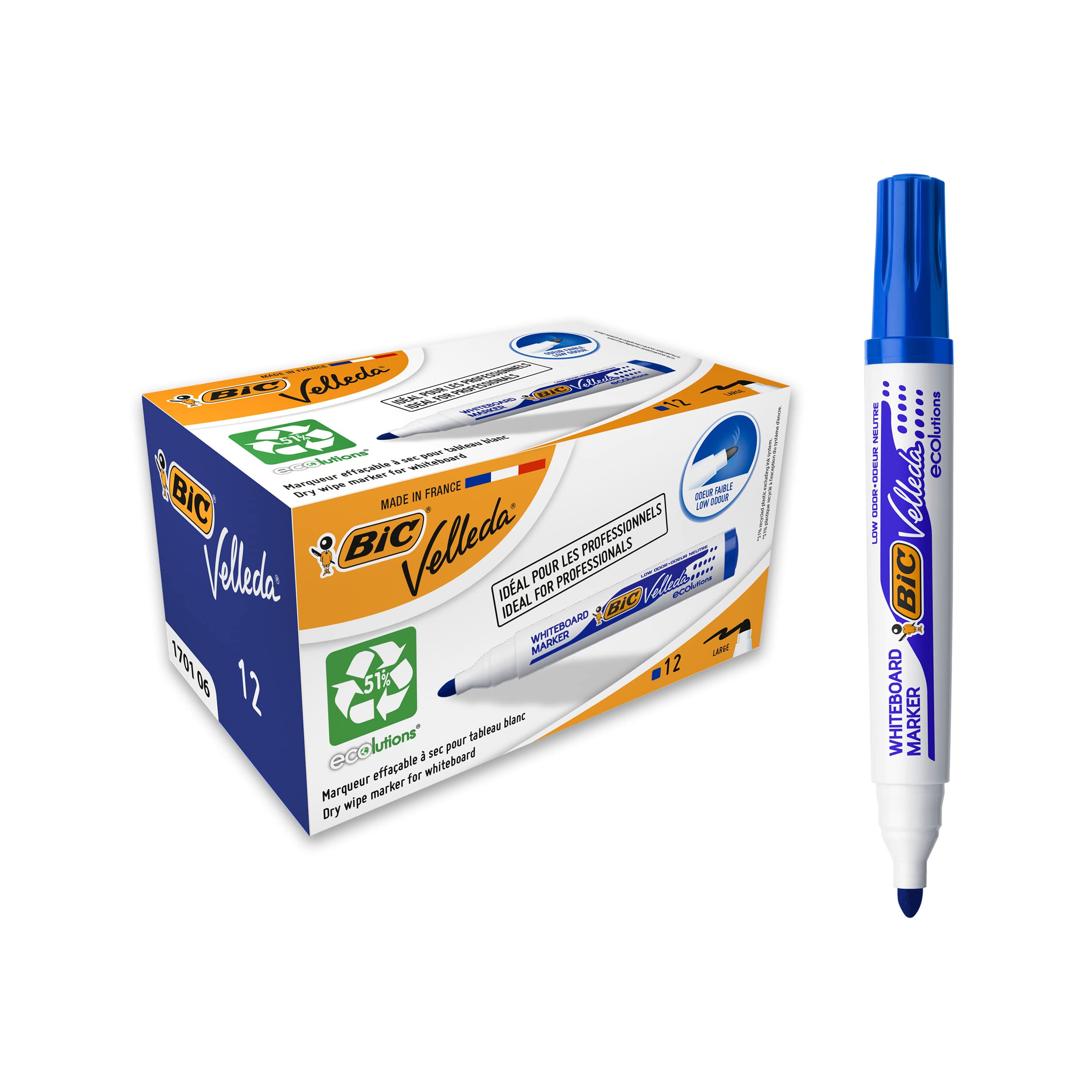 Bic Velleda 1701 Ecolutions Whiteboard Pens, Blue - Box of 12 - Dry Erase Pens for Whiteboards in School or Office