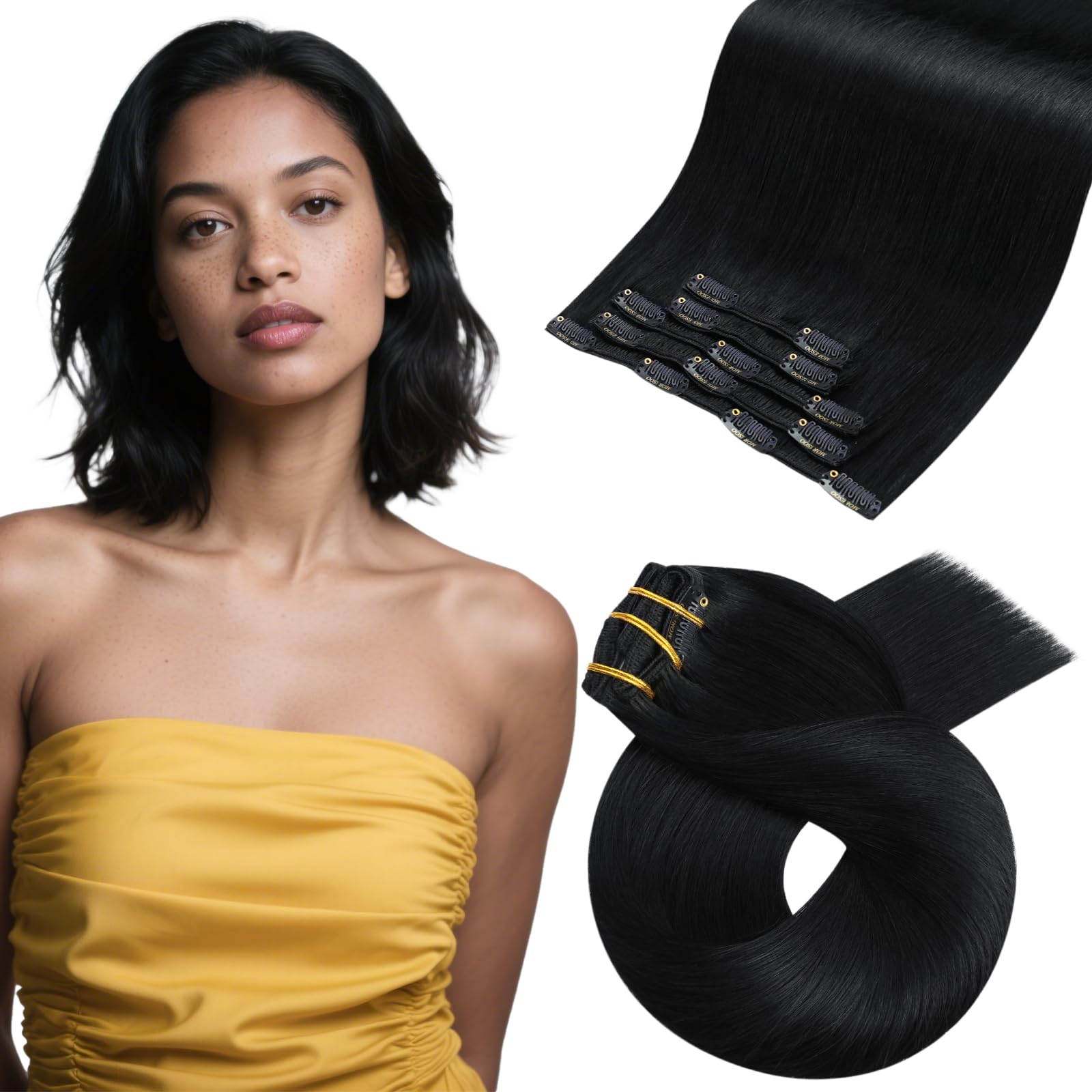Moresoo Clip in Hair Extension Real Human Hair Off Black Hair Extensions Clip in Real Hair 10 Inch Short for Bob Hair Real Human Hair Extensions 80g 5pcs #1B — image 1