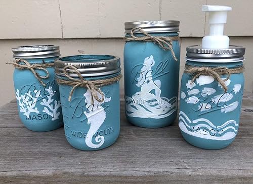 Amazon Com Mermaid Mason Jar Bathroom Set Mason Jar Bath Set Mermaid Bath Set Sea Bathroom Decor Handmade