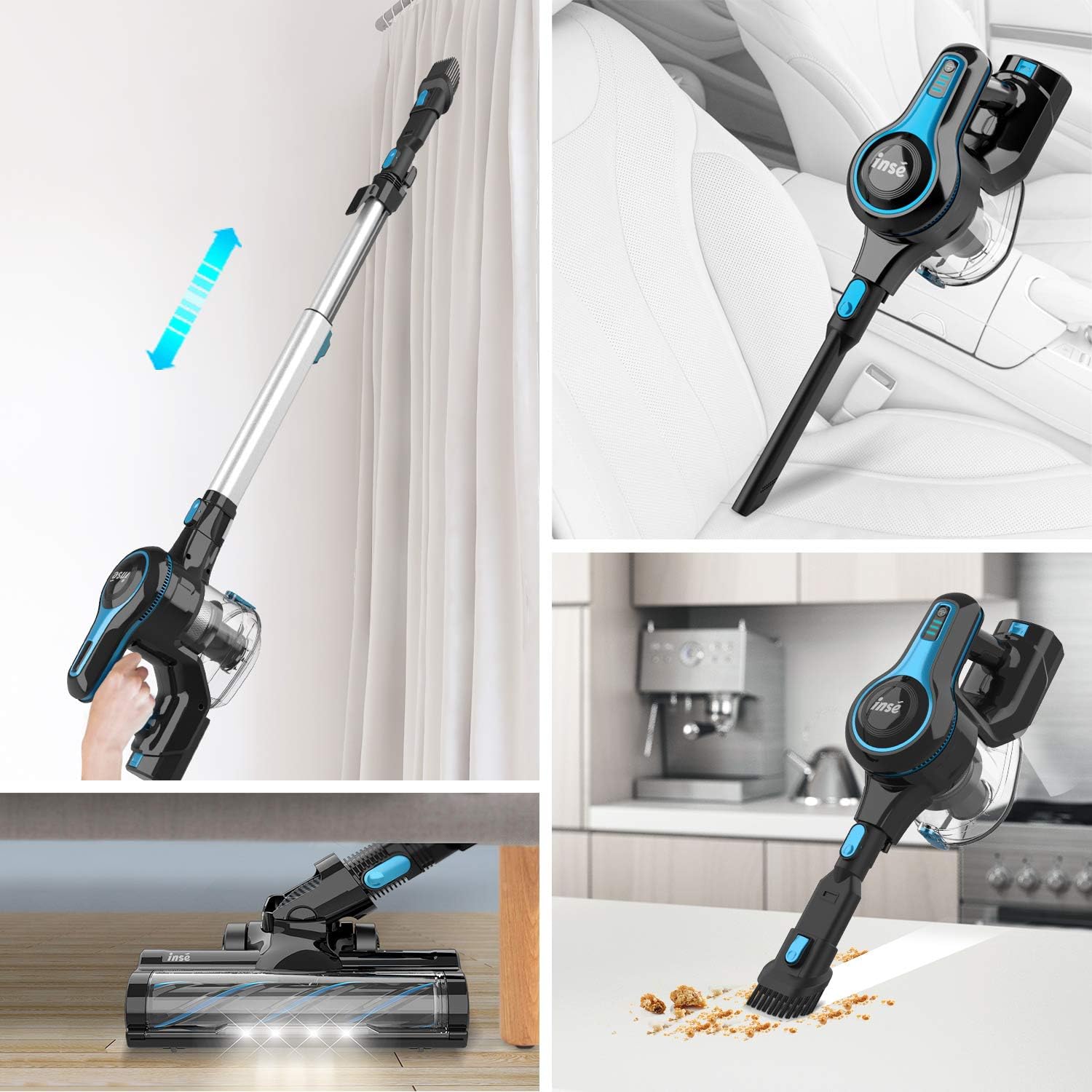 INSE Cordless Vacuum Cleaner 4 in 1 Powerful Suction Stick Vacuum Lightweight Quiet Rechargeable 1.2 L Large Dust Cup Handheld Vacumm for Home Car Pet Hair Carpet Hard Floor - N5 -