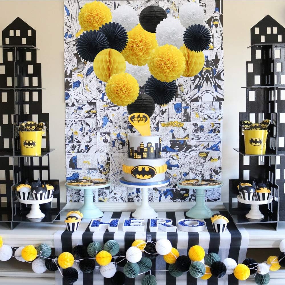 Yellow White Black Party Decorations 16pcs Paper Pom Poms Honeycomb Balls Lanterns Tissue Fans for Bee Day Party Batman Birthday Graduation Baby Shower: Arts, Crafts & Sewing