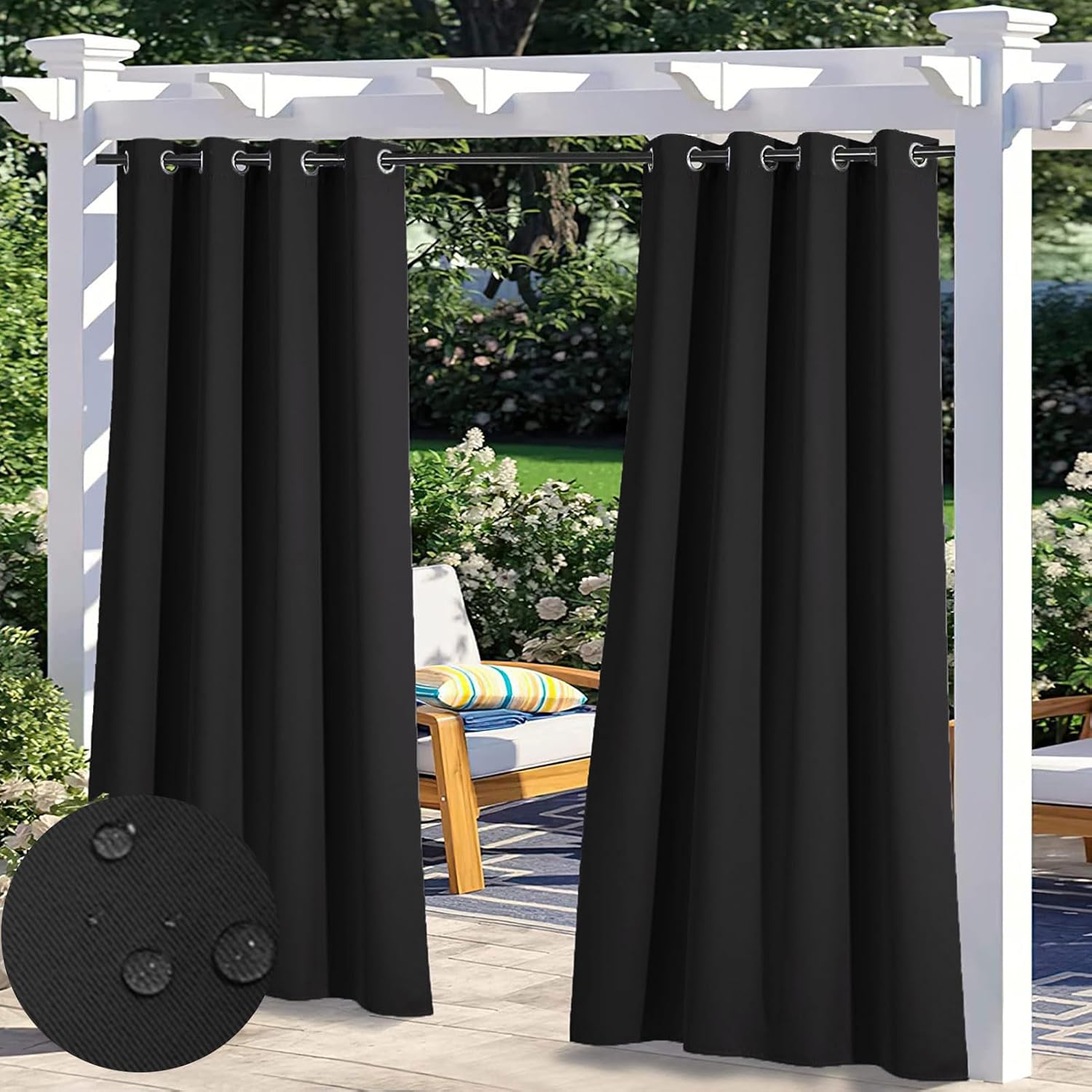 Outdoor Curtains - FicaRico Waterproof Outdoor Curtains for Patio, Indoor Blackout Privacy Curtain for Bedroom, Sun Blocking Curtains for Gazebo, Pergola, Backyard, Cabana, Porch | 1 Panel, W104 xH96, Black