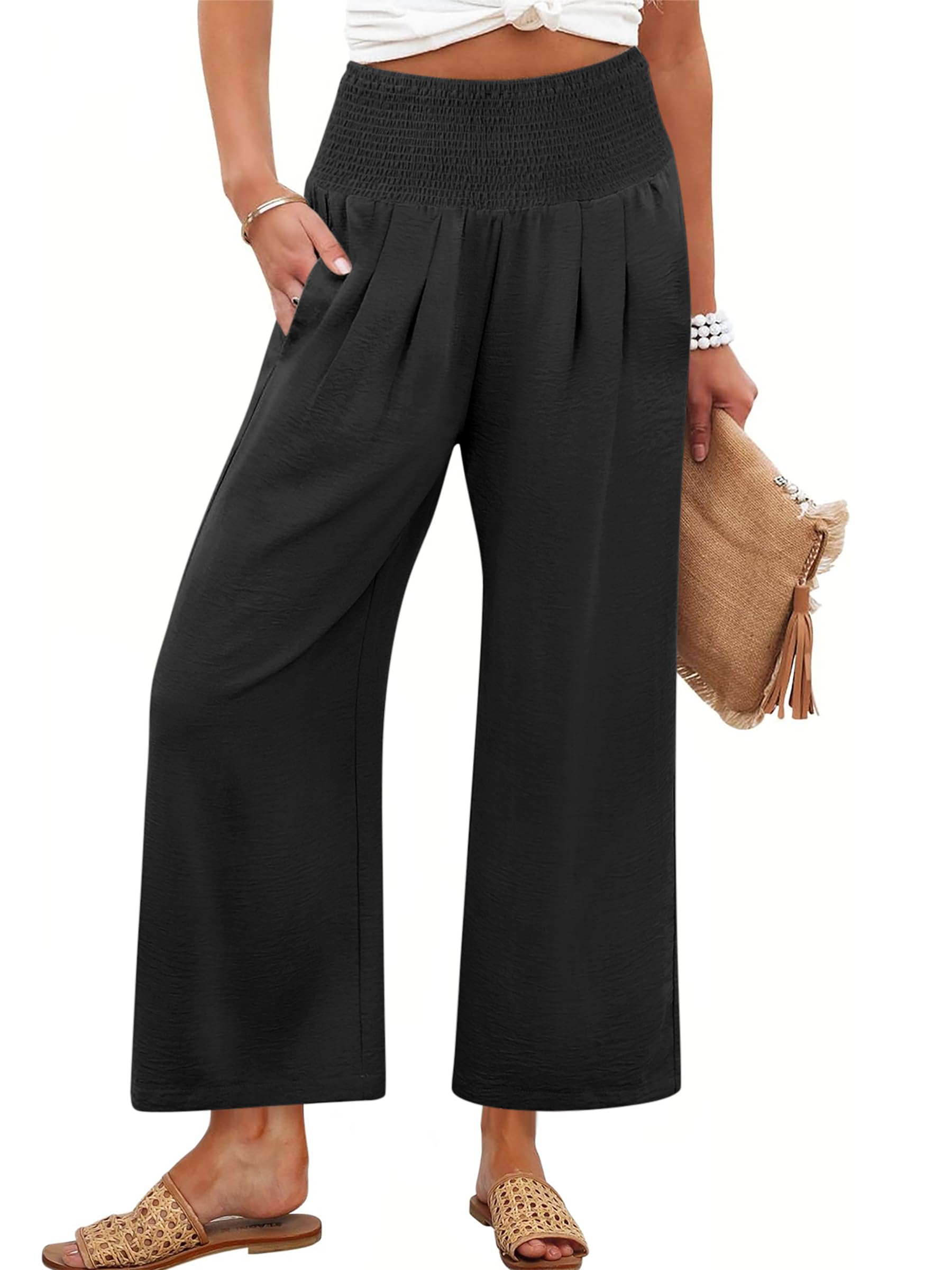 Photo 1 of ANRABESS Womens Pants Wide Leg High Waisted Palazzo Pants Summer Flowy Beach Lounge Casual Trousers with Pockets Black X-Large