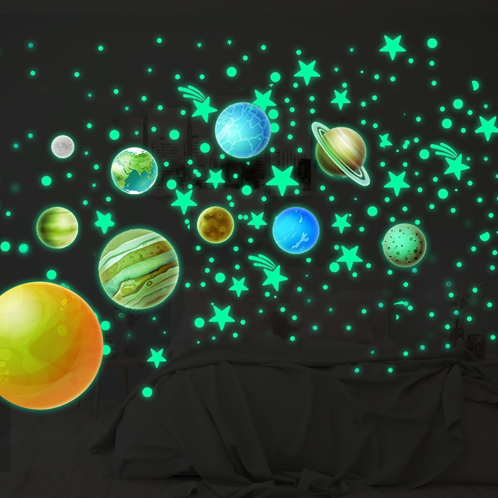 Glow in The Dark Stars Wall Stickers 445 Pcs Solar System Planets Stars Decals Removable Kids Wall Stickers Decals for Kids Boys Nursery Bedroom Ceiling Living Room DIY Art Decor Decoration
