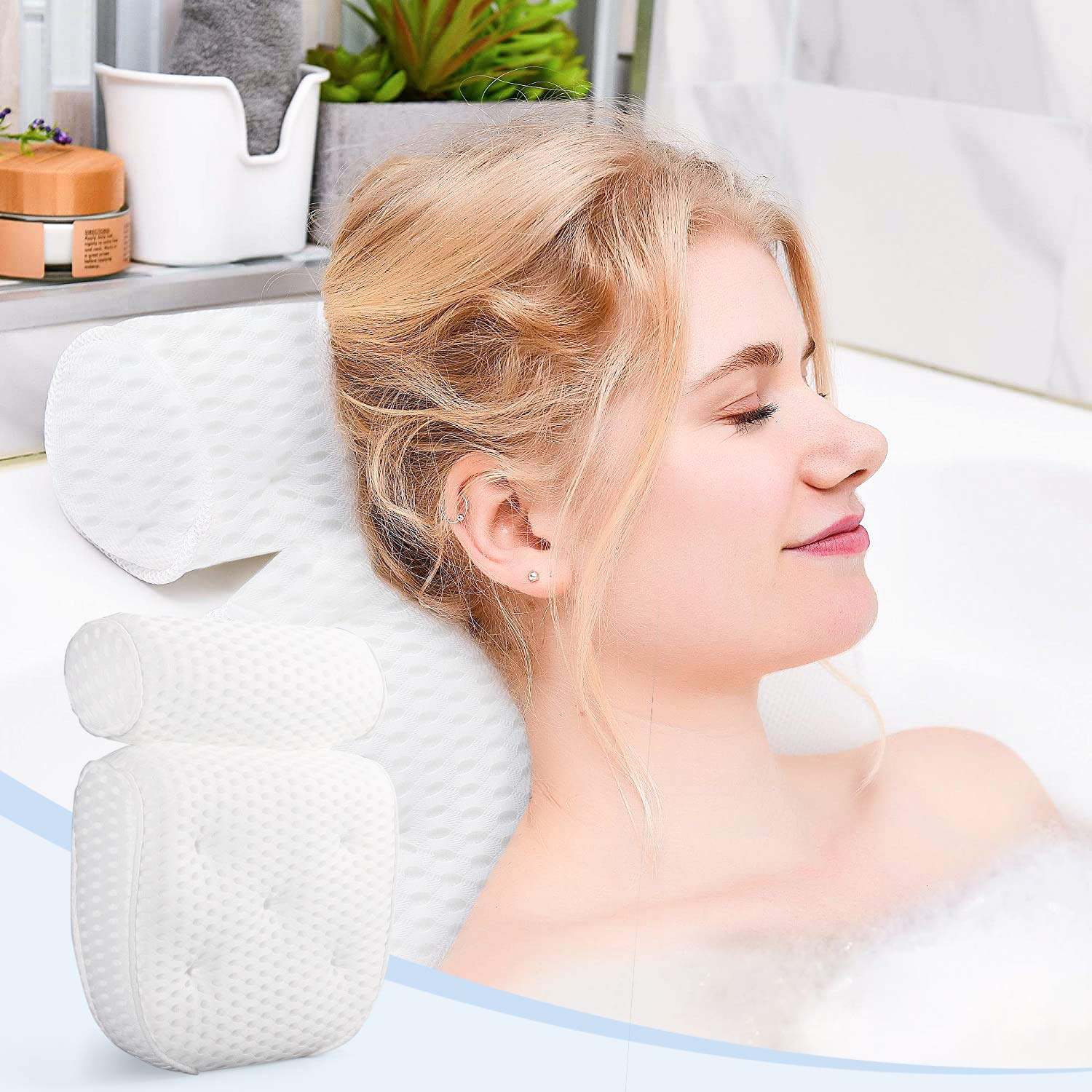 Pretigo Bath Pillow Bathtub Pillow, Bath Pillows for Tub with Neck, Head, Shoulder and Back Support, 4D Air Mesh Spa Pillow and 7 Suction Cups for Bath(12.6x14.4x3.5in, White) : Beauty