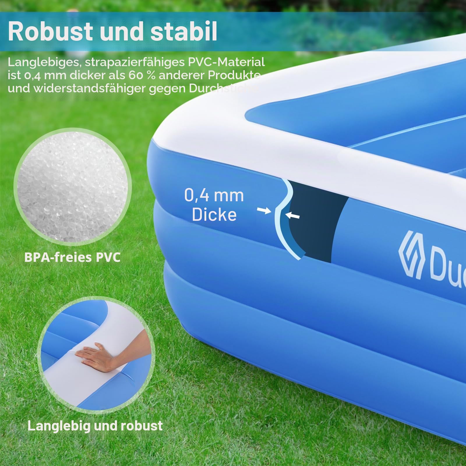 Duerer Aufblasbarer Pool Rechteckig, 305cm x 182cm x 56cm, Planschbecken groß für Kinder und Erwachsene Sommer Party, Aufblasbare Schwimmbecken, Familien Swimming Pool für Garten, Outdoor, Easy Set 4