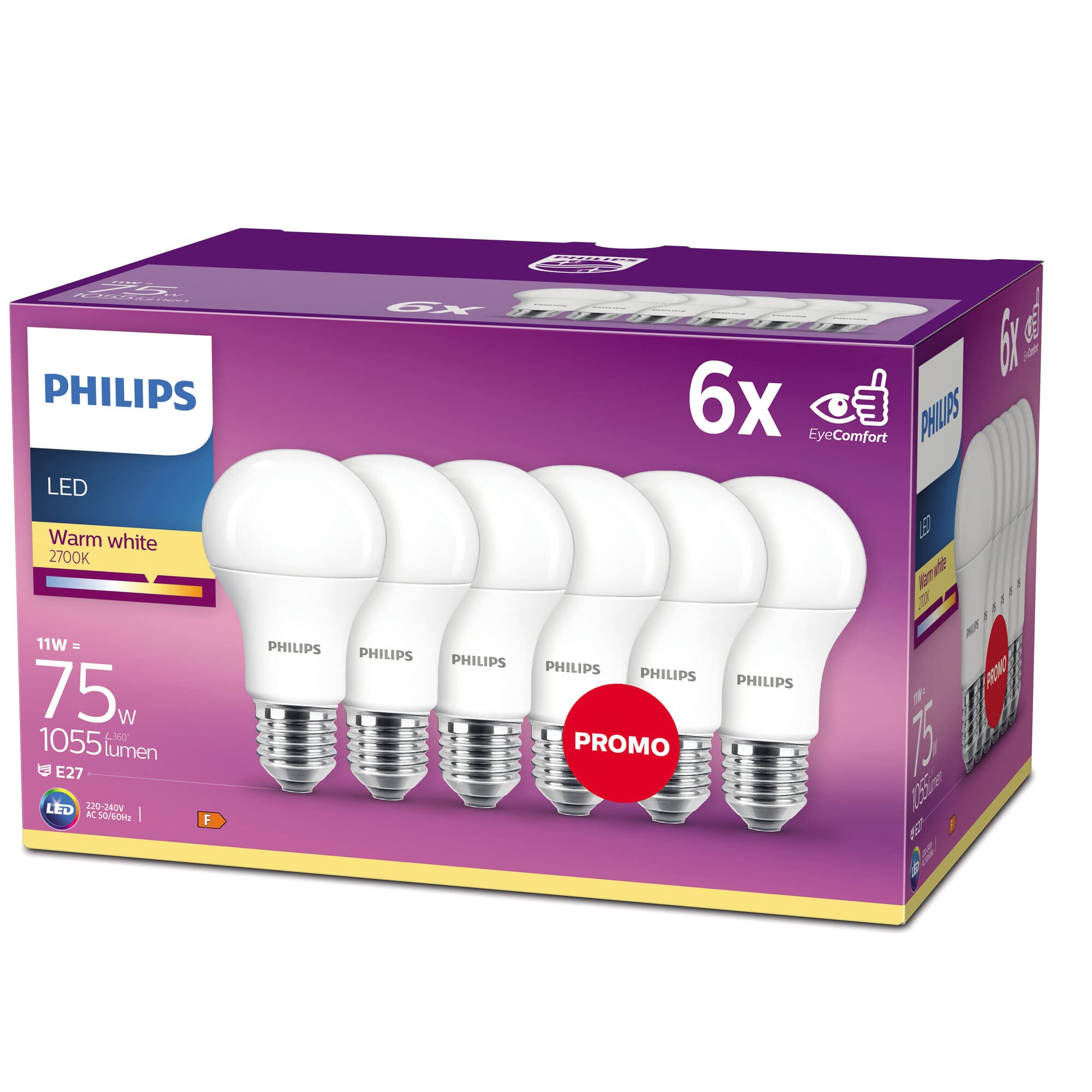 PHILIPS LED E27 Frosted Light Bulbs, 11 W (75 W) - Warm White, Pack of 6, Standard Range