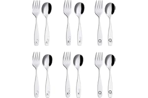 ANNOVA Kids Silverware 12 Pieces Children's Safe Flatware Set Stainless Steel - 6 x Children Forks, 6 x Dinner Spoons, Toddler Utensils, for Lunchbox (Safari Animals Etched Elephant, Giraffe, Lion)