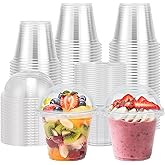 Lamosi 100 Pack 9 oz Clear Plastic Cups with Lids, Disposable Cups with Dome Lids No Hole, Ideal for Ice Cream, Cold Drinks, Fruit, Dessert, Yogurt Parfait