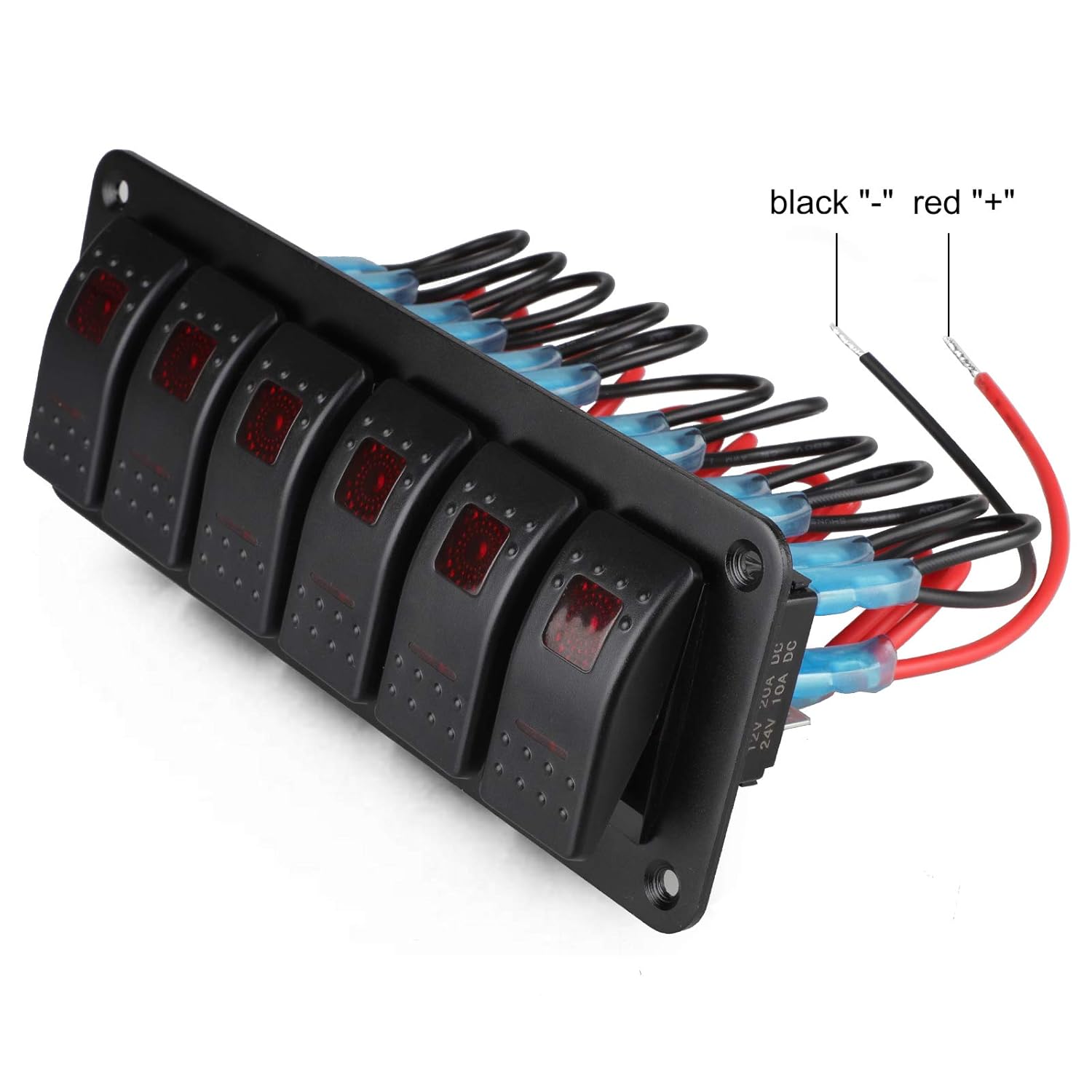 Pre-Wired Rocker Switch Aluminum Panel 6 Gang Toggle Switches Dash 5 Pin ON/Off 2 LED Backlit for Boat Car Marine