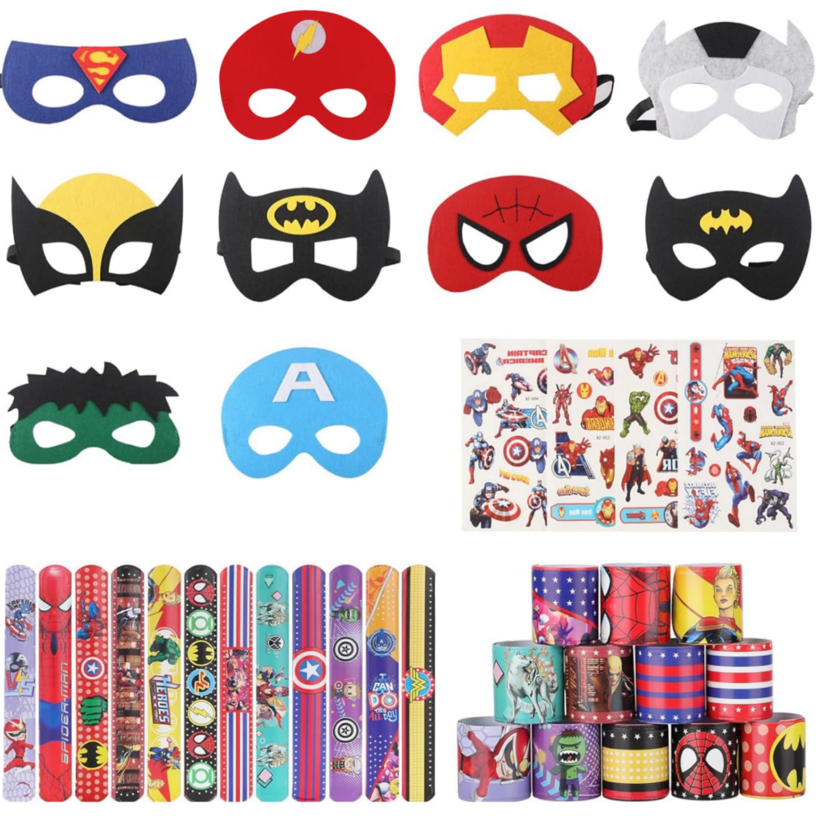 Mooshy Superhero Party Bag Fillers Superhero Masks and Slap Bands Superhero Sticker for Boys Girls Superhero Masks for Kids Party Avengers Party Bags Favors