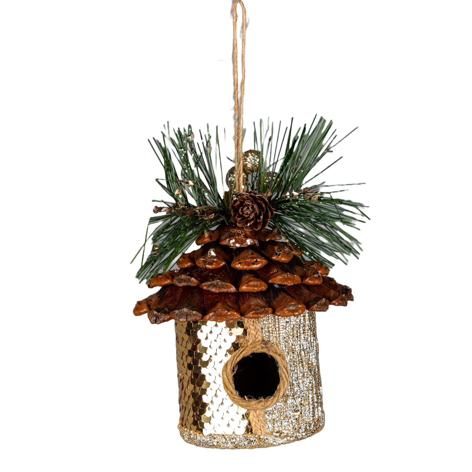 Gold Sequin Birdhouse 10x11cm - Christmas Tree Hanging Decorations Festive Decorative Ornaments Fairy Tale Themed Xmas Tree Pendant