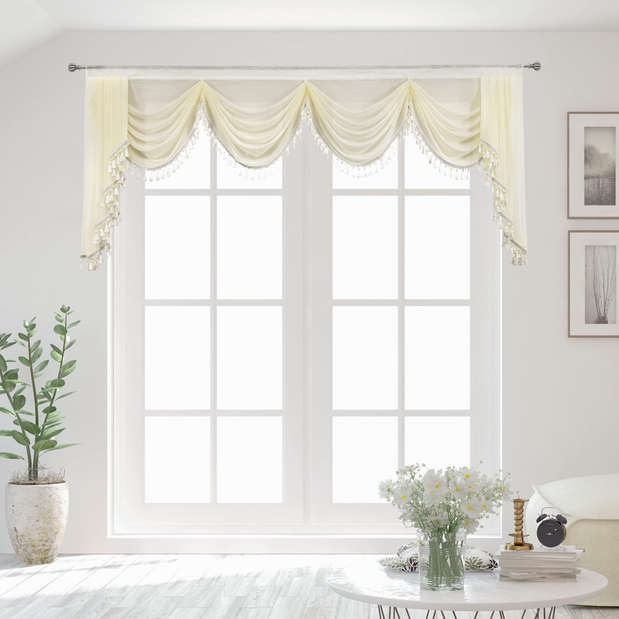OYRING Off-white Sheer Window Curtains Valance for Living Room Waterfall Swag Valance for Bedroom Rod Pocket Topper Curtains (1 Panel, W110 Inch)